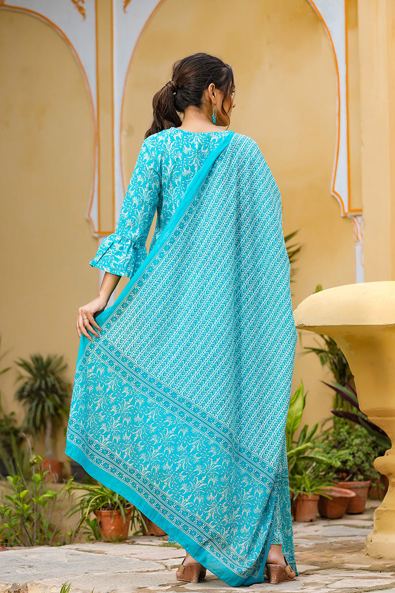 Blue Cotton Straight Suit Set VKSKD1087