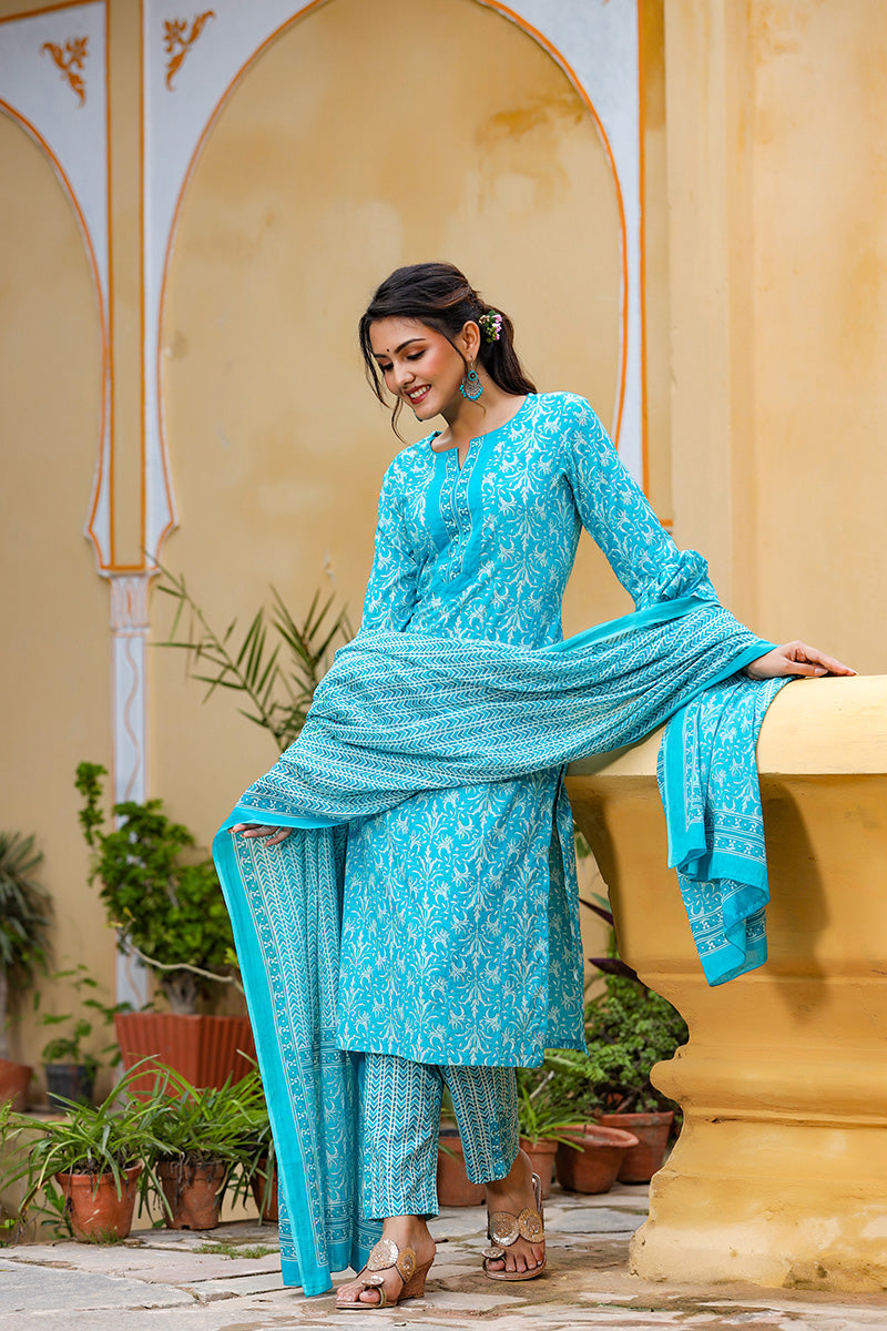 Blue Cotton Straight Suit Set VKSKD1087