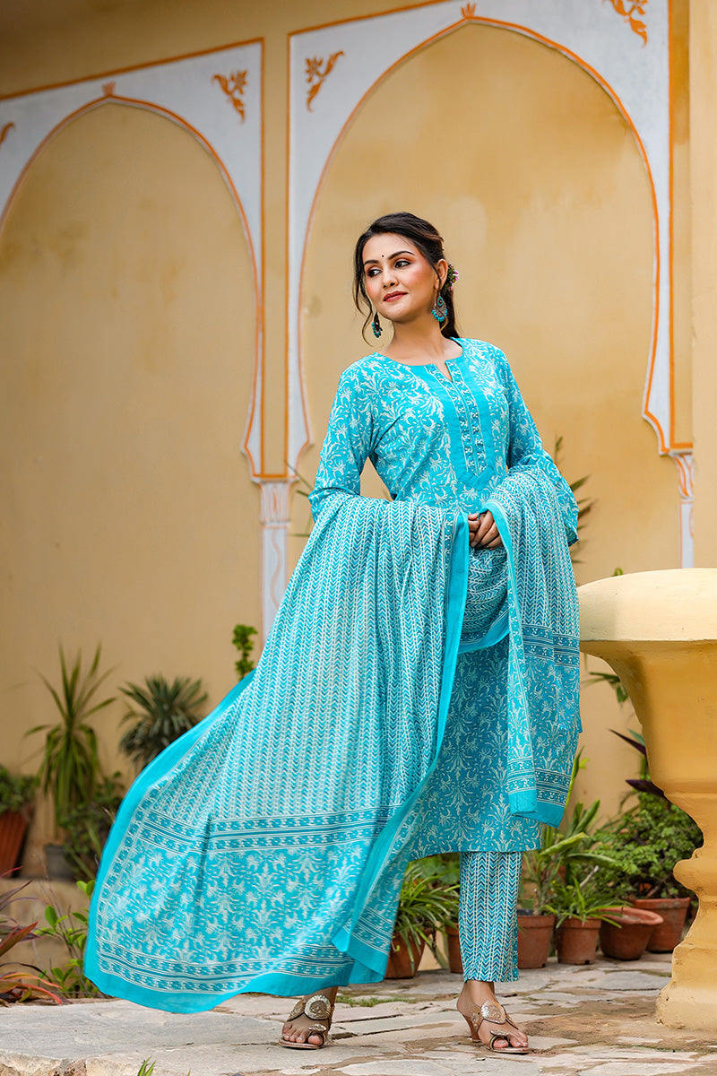 Blue Cotton Straight Suit Set VKSKD1087