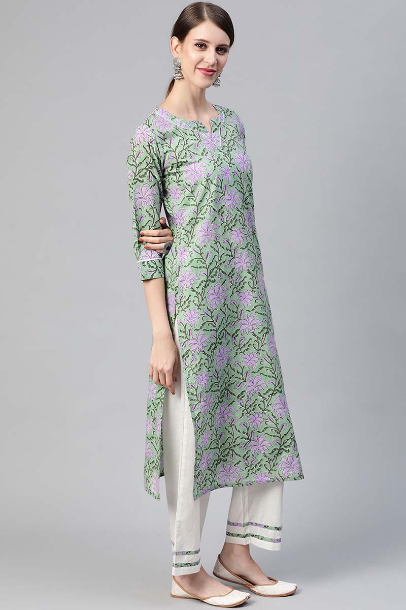Women Cotton Green Ethnic Motifs Printed Straight Kurta Pant Dupatta Set VKSKD1125