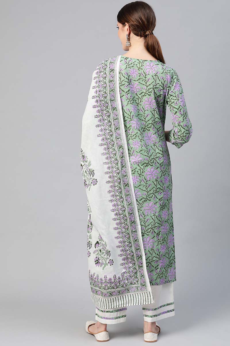 Women Cotton Green Ethnic Motifs Printed Straight Kurta Pant Dupatta Set VKSKD1125