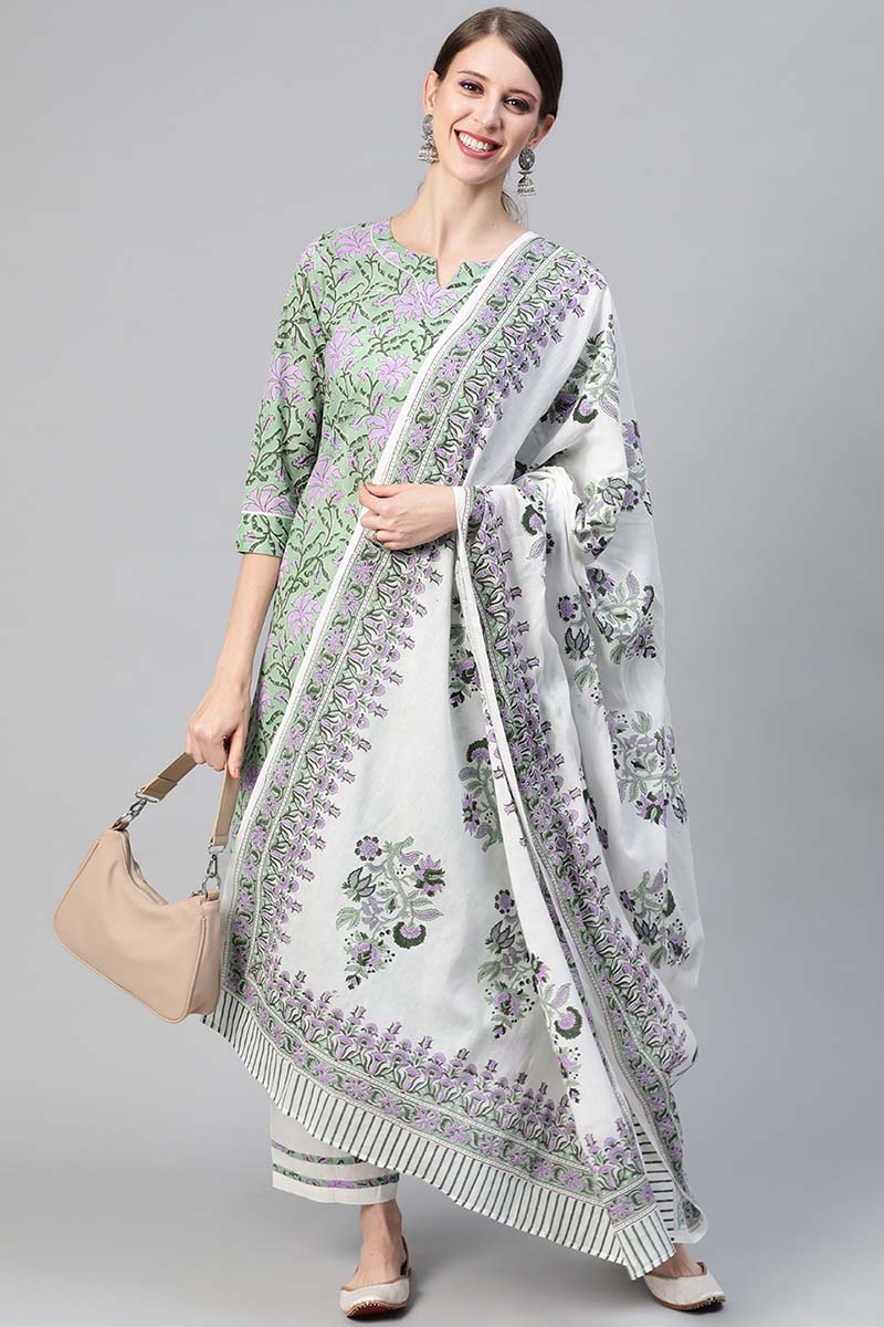 Women Cotton Green Ethnic Motifs Printed Straight Kurta Pant Dupatta Set VKSKD1125