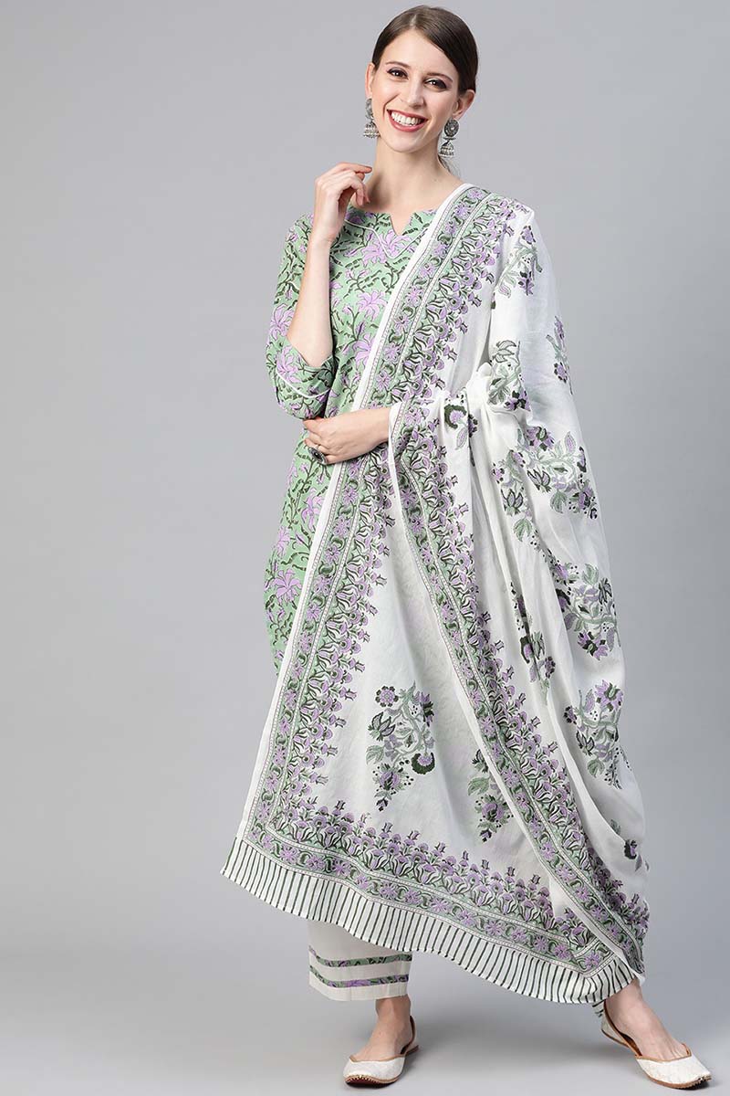 Women Cotton Green Ethnic Motifs Printed Straight Kurta Pant Dupatta Set VKSKD1125
