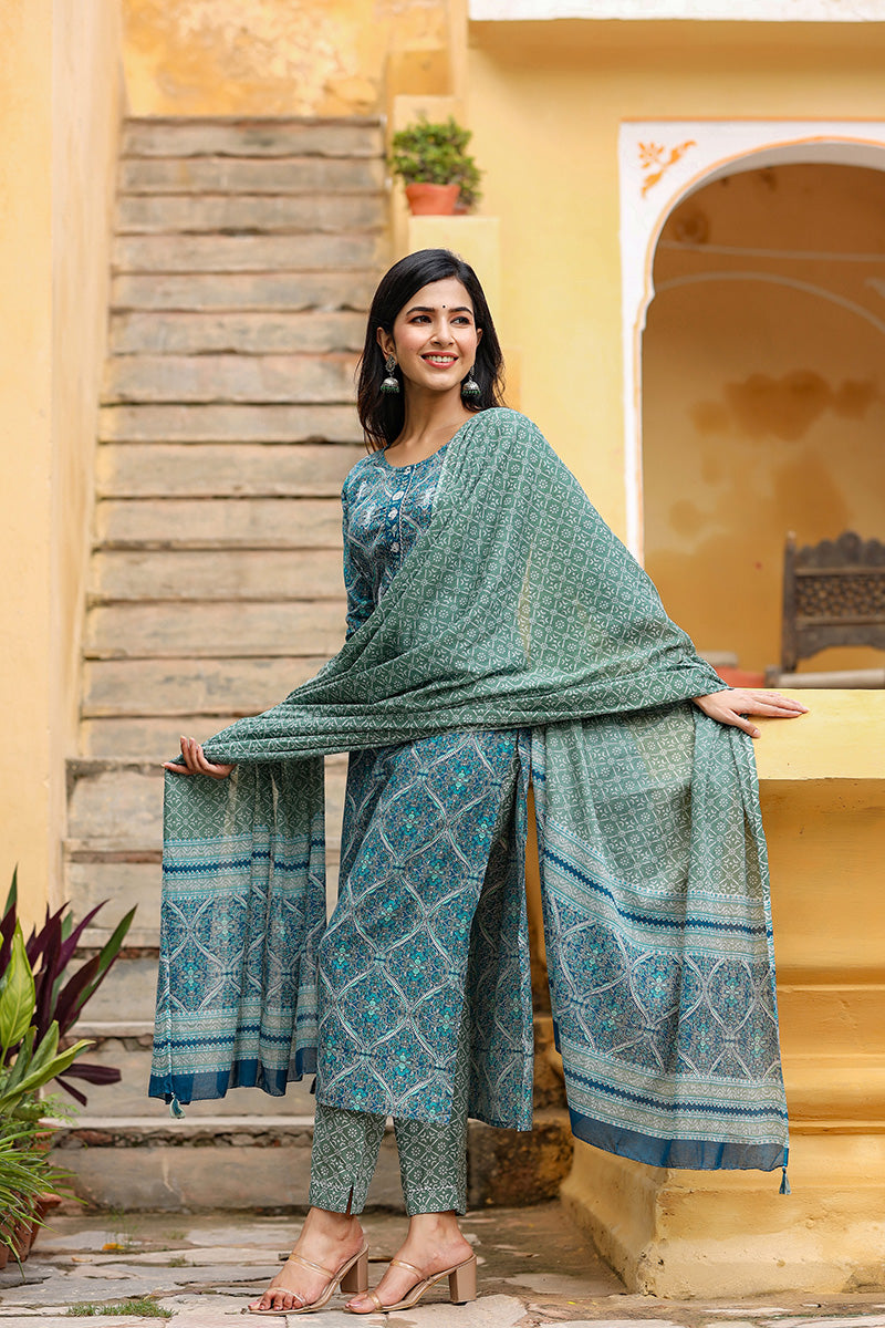 Ahika Women Cotton Green Ethnic Motifs Printed Straight Kurta Pant Dupatta Set