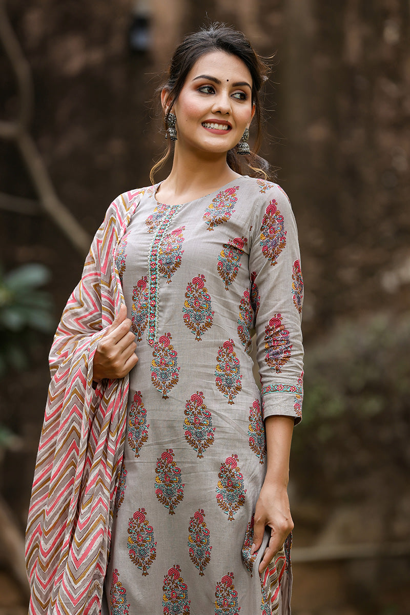 Grey Rayon Blend Straight Suit Set VKSKD1134