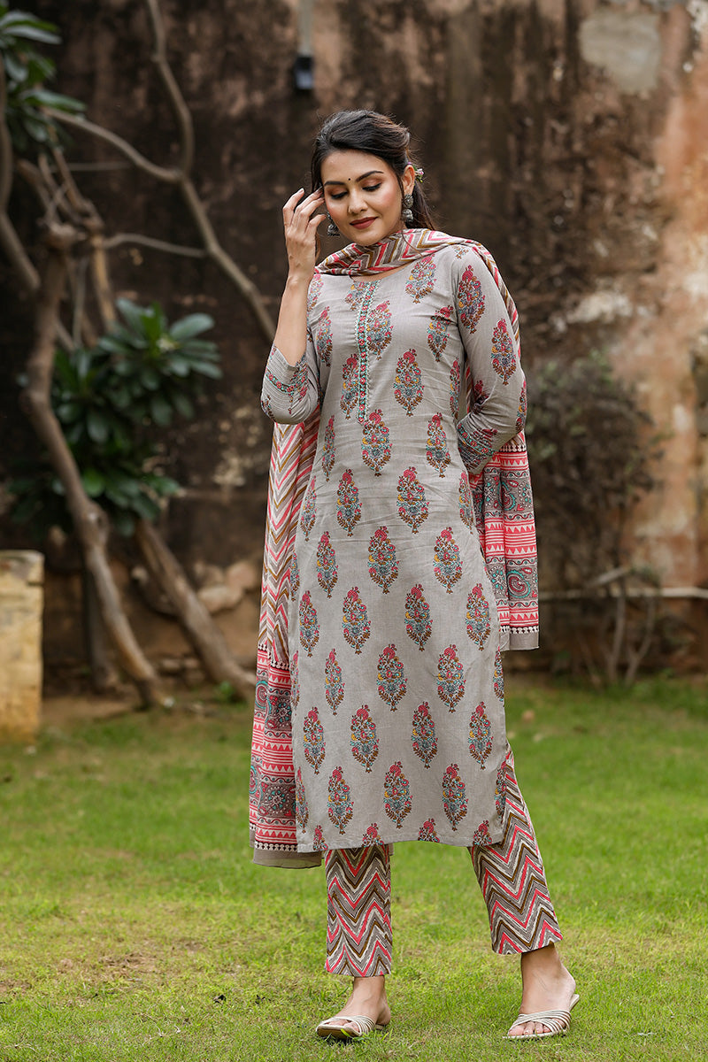 Grey Rayon Blend Straight Suit Set VKSKD1134