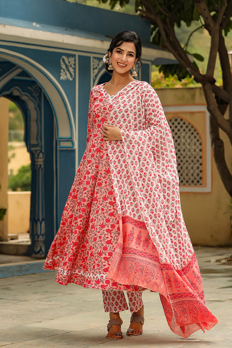 Pink Cotton Anarkali Suit Set VKSKD1137