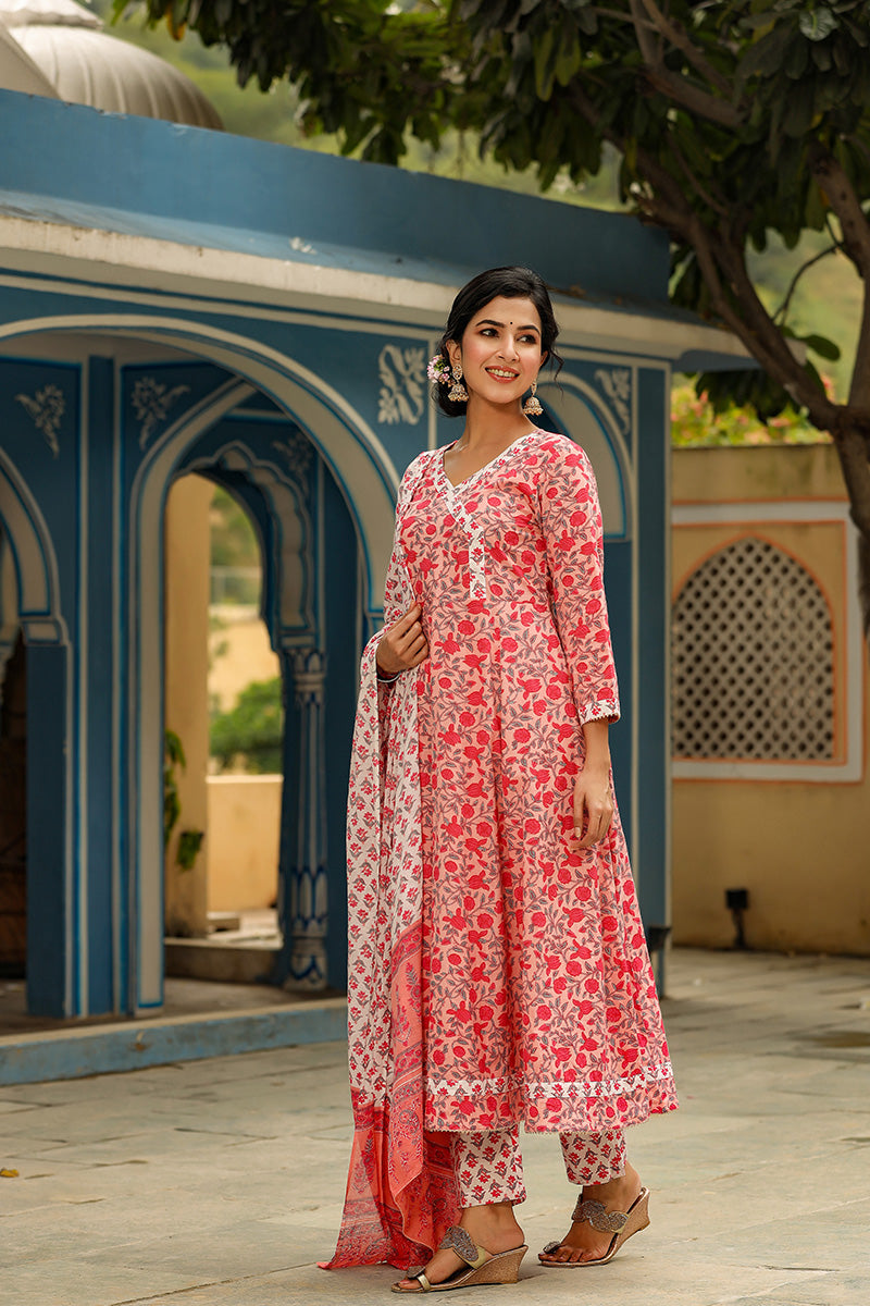 Pink Cotton Anarkali Suit Set VKSKD1137