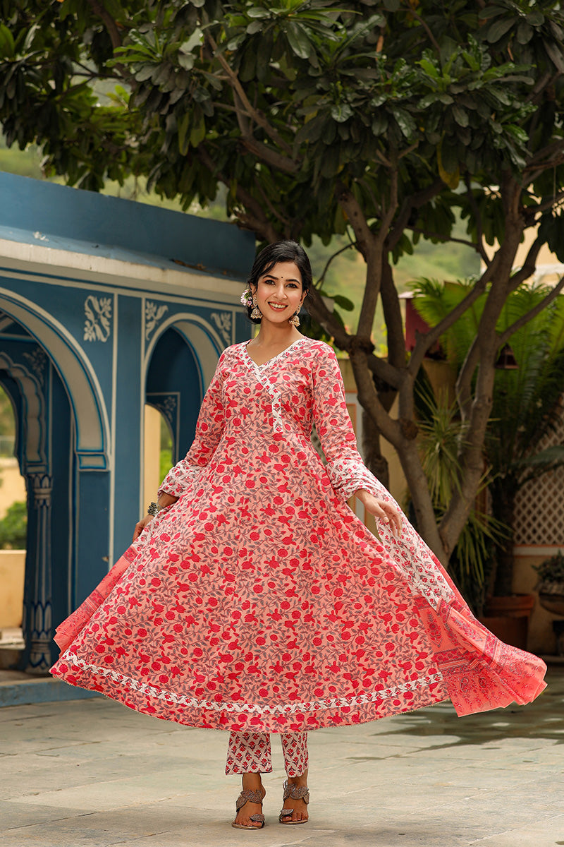Pink Cotton Anarkali Suit Set VKSKD1137