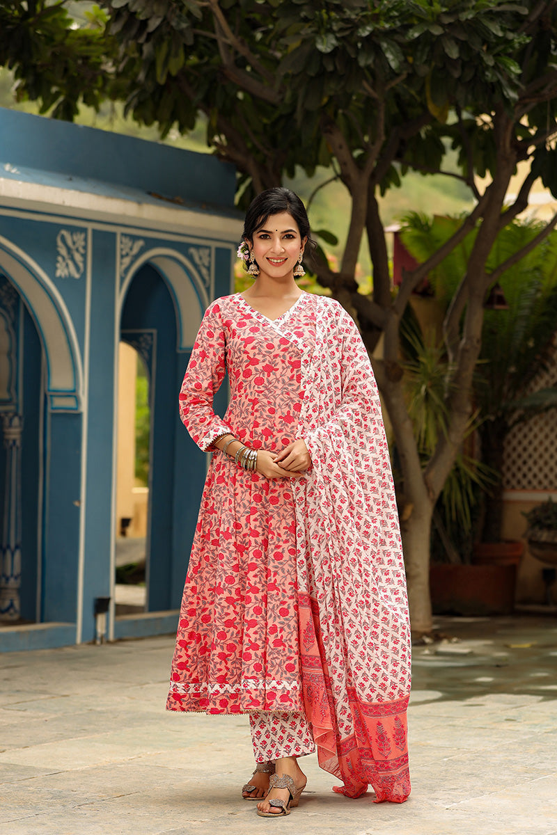 Pink Cotton Anarkali Suit Set VKSKD1137