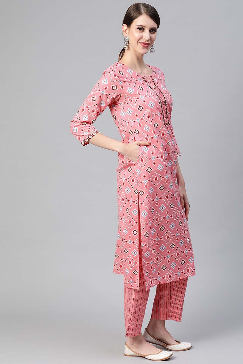 Pink Cotton Geometric Printed Straight Suit Set VKSKD1147