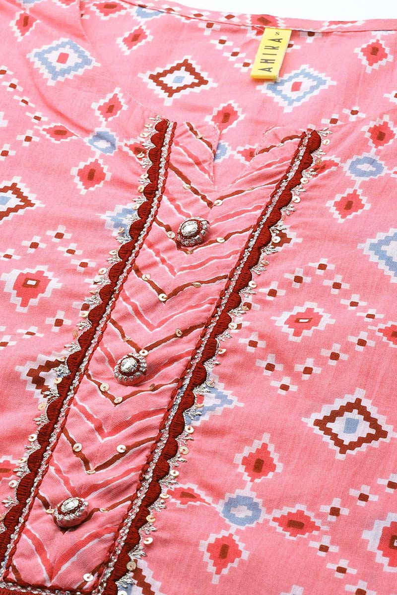 Pink Cotton Geometric Printed Straight Suit Set VKSKD1147