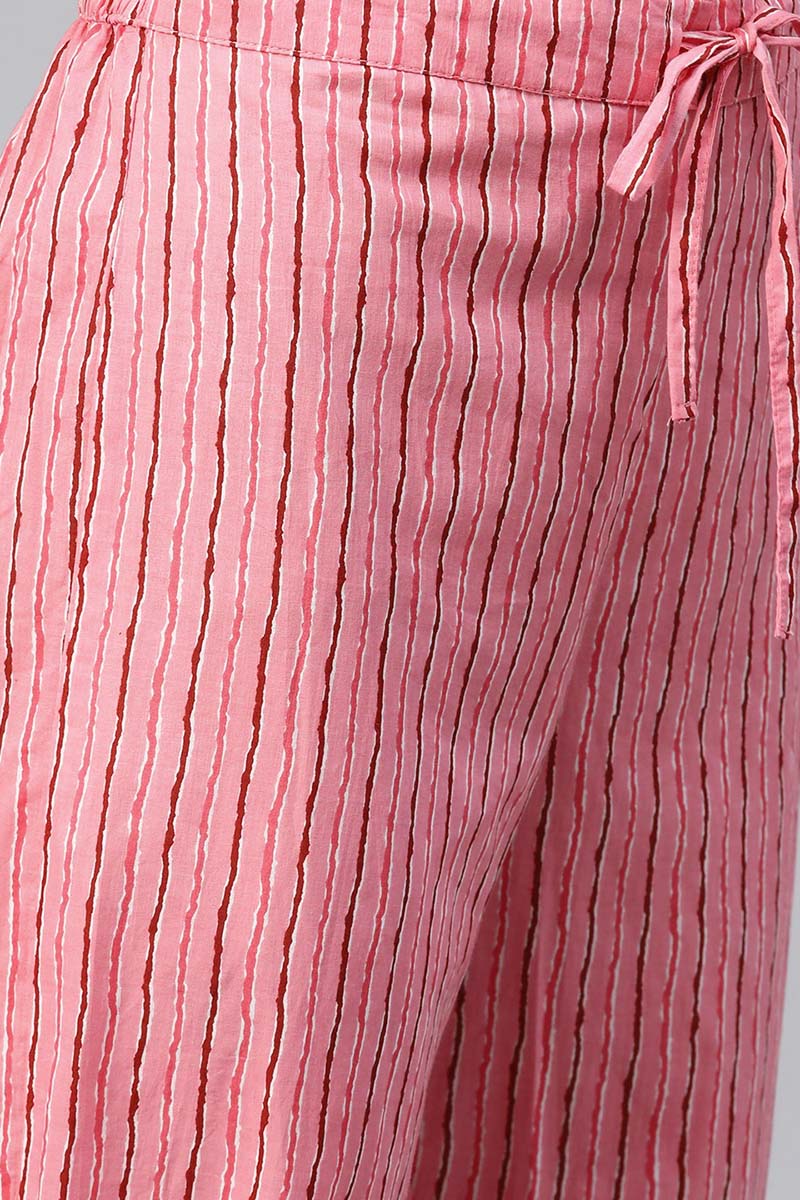 Pink Cotton Geometric Printed Straight Suit Set VKSKD1147
