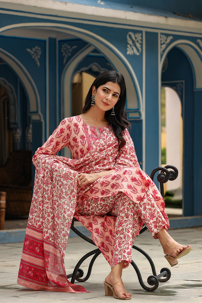 Pink Rayon Blend Floral Printed Straight Suit Set VKSKD1154