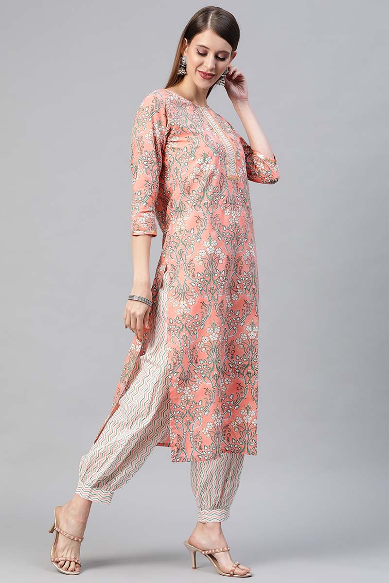 Ahika Women Cotton Peach Ethnic Motifs Printed Straight Kurta Pant Dupatta Set
