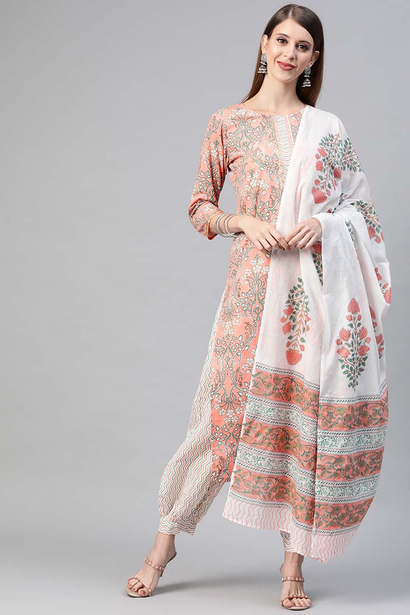 Ahika Women Cotton Peach Ethnic Motifs Printed Straight Kurta Pant Dupatta Set