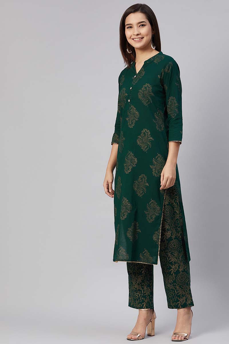 Ahika Women Cotton Green Ethnic Motifs Printed Straight Kurta Pant Dupatta Set