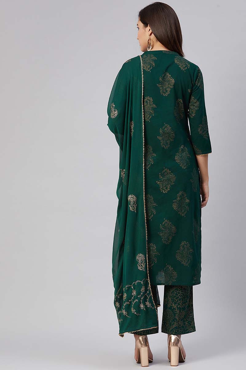 Ahika Women Cotton Green Ethnic Motifs Printed Straight Kurta Pant Dupatta Set