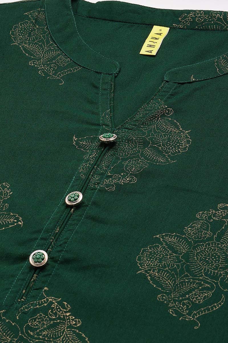 Ahika Women Cotton Green Ethnic Motifs Printed Straight Kurta Pant Dupatta Set