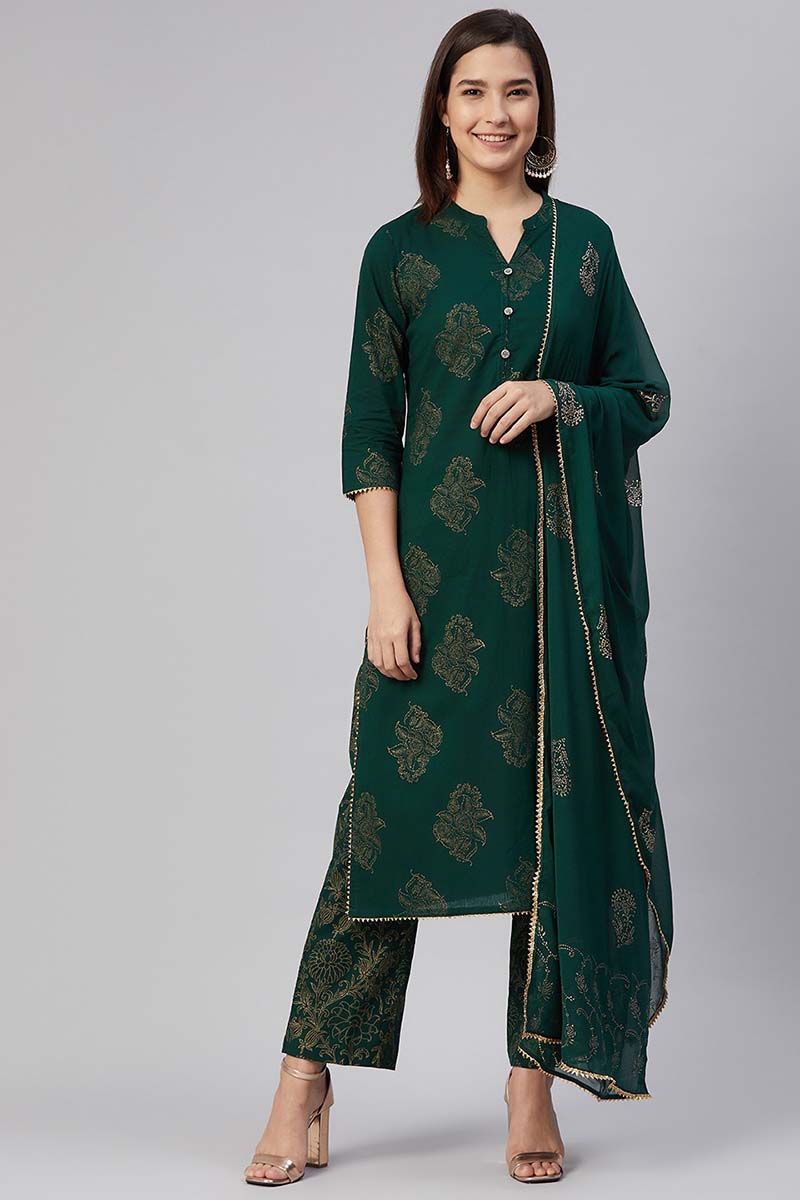 Ahika Women Cotton Green Ethnic Motifs Printed Straight Kurta Pant Dupatta Set