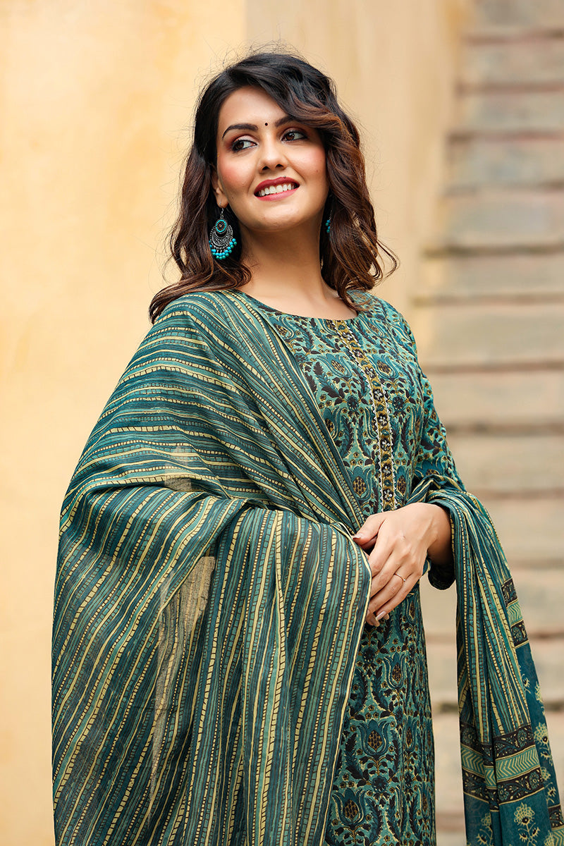 Green Rayon Blend Ethnic Motifs Suit Set VKSKD1171