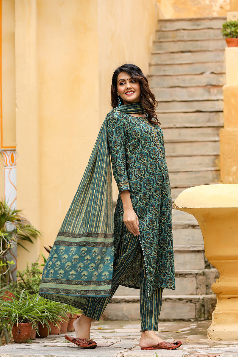 Green Rayon Blend Ethnic Motifs Suit Set VKSKD1171