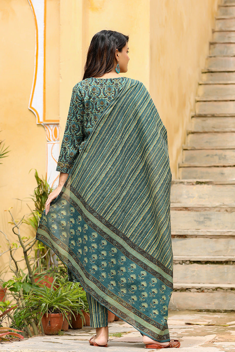 Green Rayon Blend Ethnic Motifs Suit Set VKSKD1171