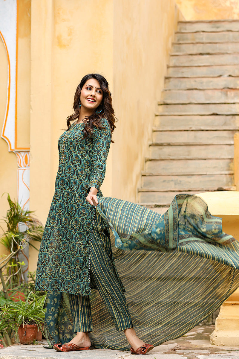 Green Rayon Blend Ethnic Motifs Suit Set VKSKD1171