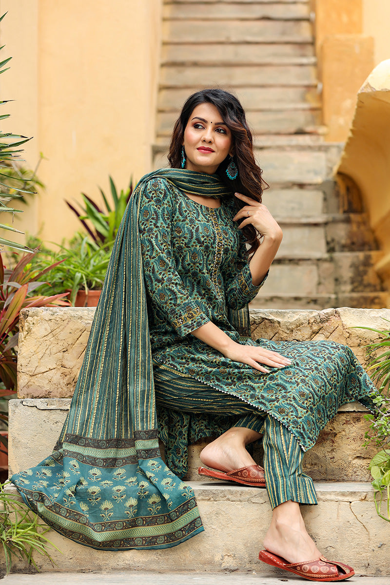 Green Rayon Blend Ethnic Motifs Suit Set VKSKD1171