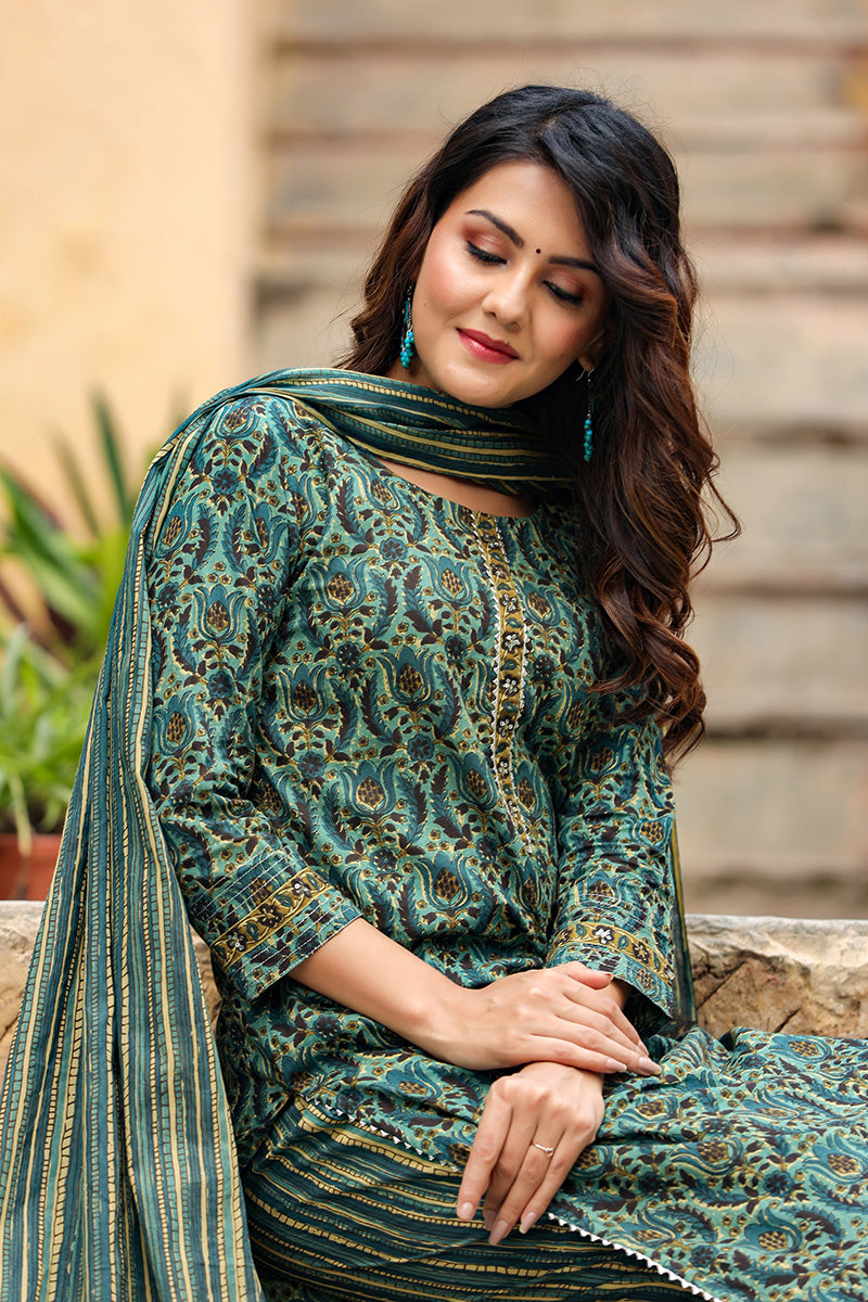 Green Rayon Blend Ethnic Motifs Suit Set VKSKD1171