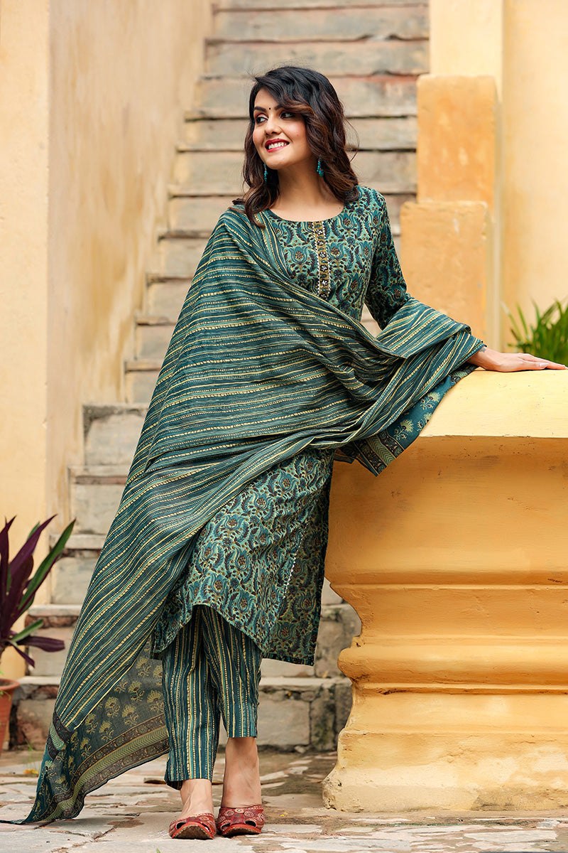 Green Rayon Blend Ethnic Motifs Suit Set VKSKD1171