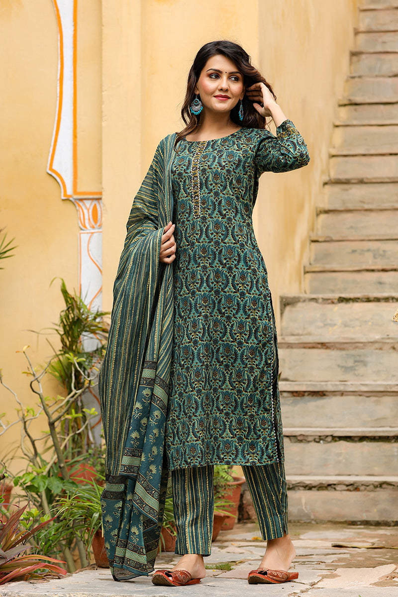 Green Rayon Blend Ethnic Motifs Suit Set VKSKD1171