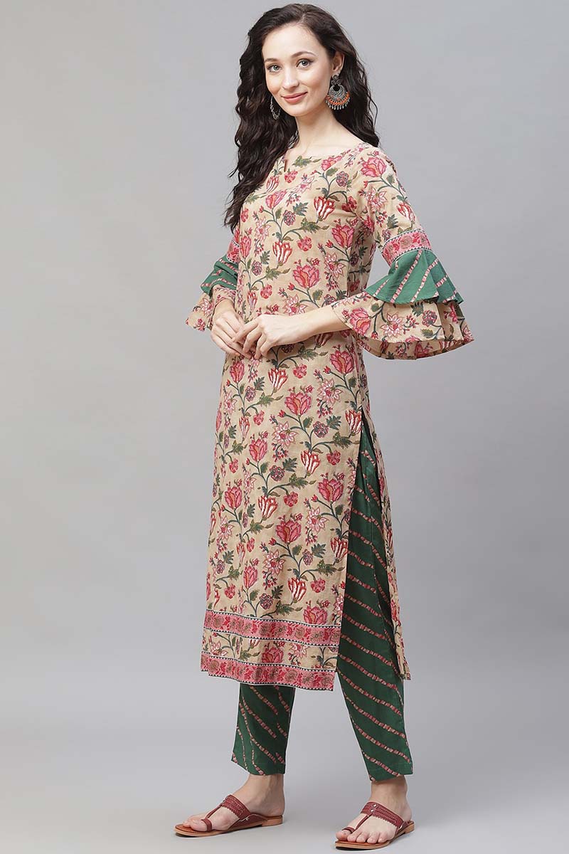 AHIKA Women Beige Floral Printed Regular Pure Cotton Kurta with Palazzos With Dupatta 