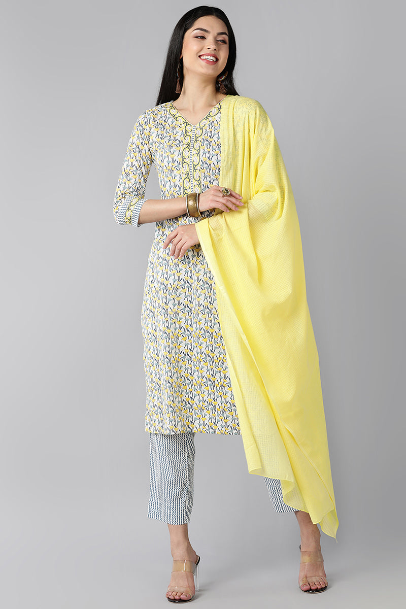 White Navy Blue Pure Cotton Kurta with Trousers Dupatta – Ahika VKSKD1198