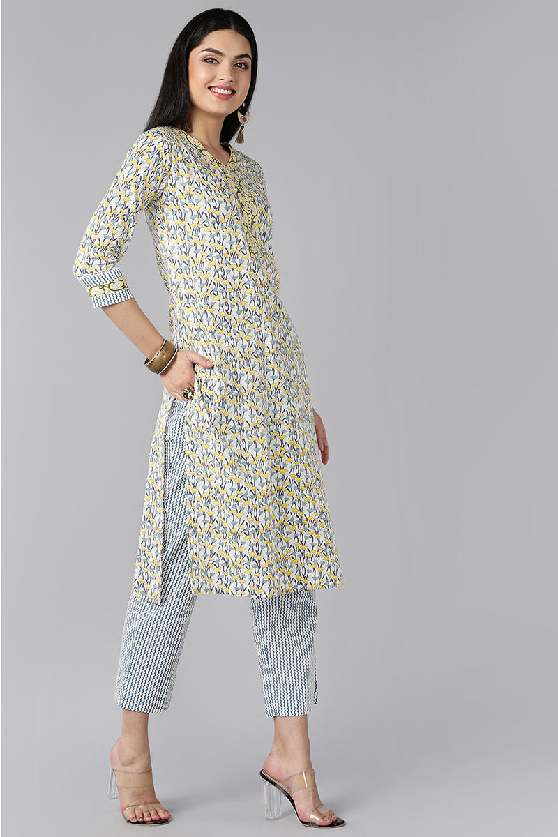 White Navy Blue Pure Cotton Kurta with Trousers Dupatta – Ahika VKSKD1198