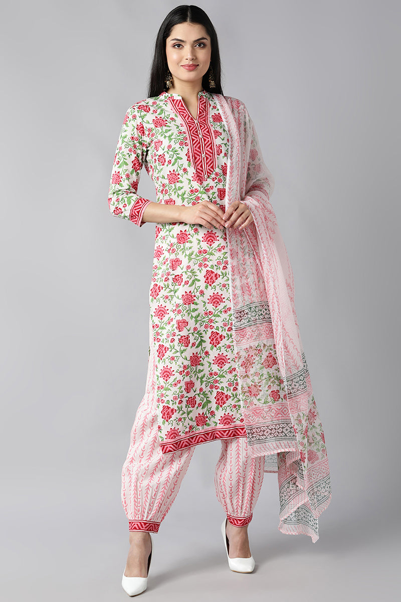 White Pink Printed Cotton Kurta with Salwar and Dupatta – Ahika VKSKD1216