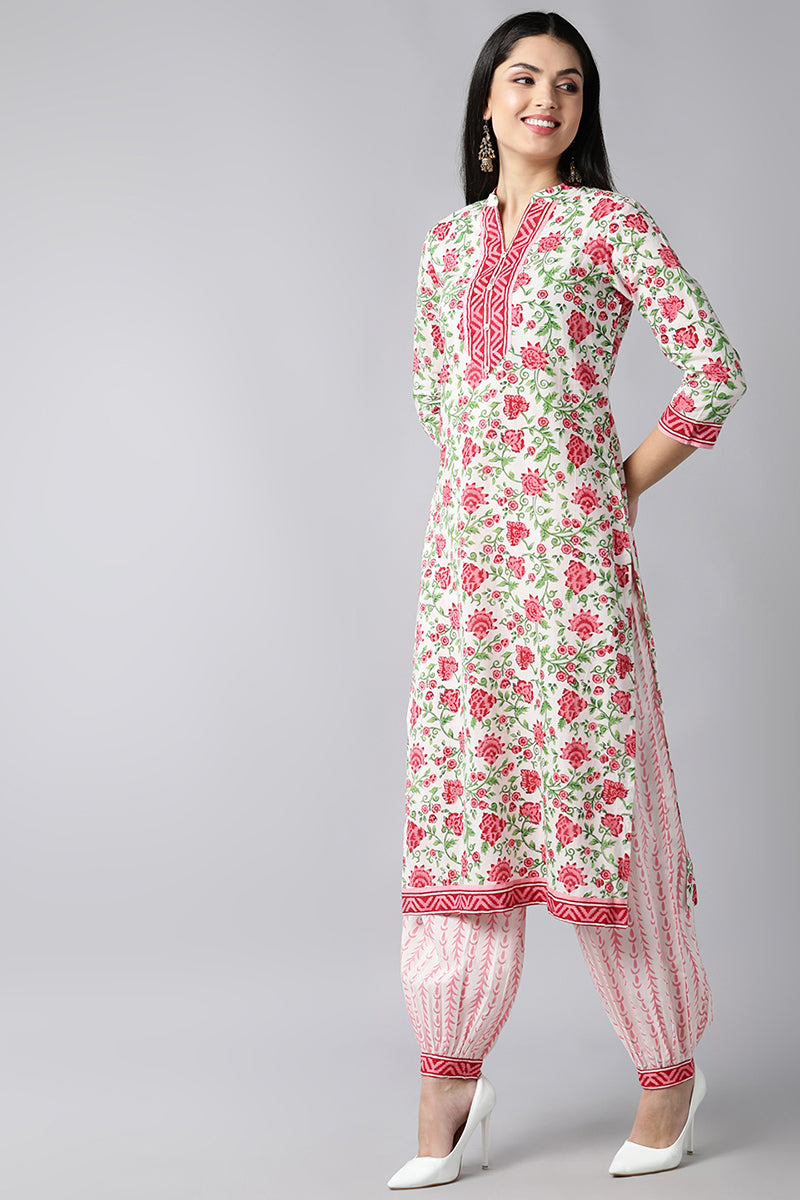 White Pink Printed Cotton Kurta with Salwar and Dupatta – Ahika VKSKD1216