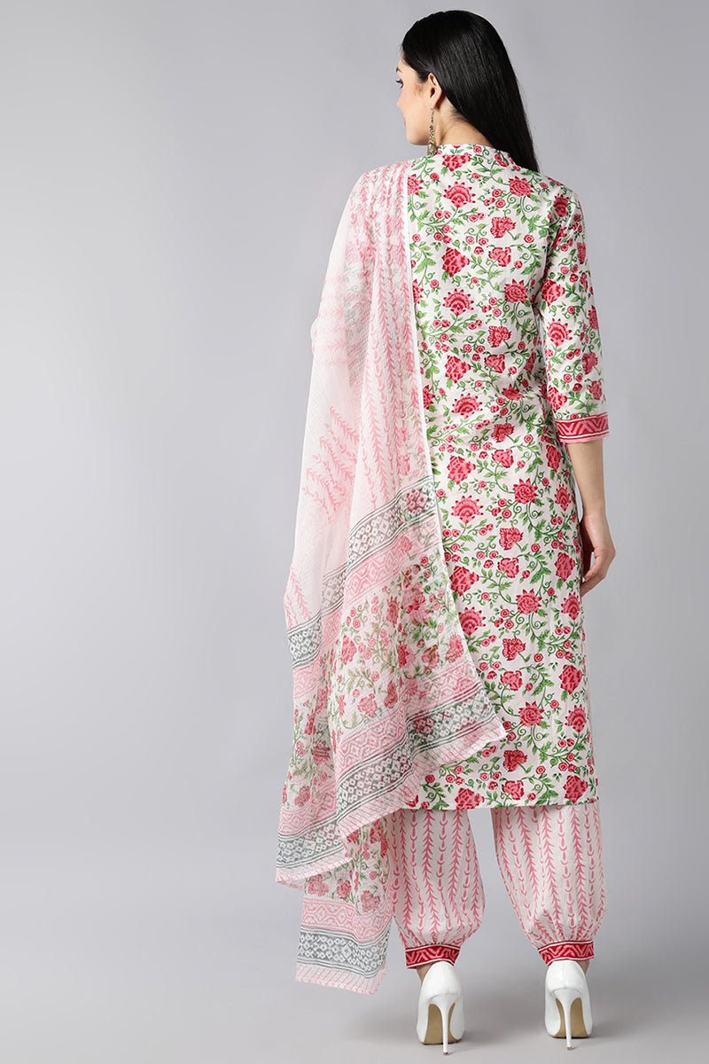 White Pink Printed Cotton Kurta with Salwar and Dupatta – Ahika VKSKD1216