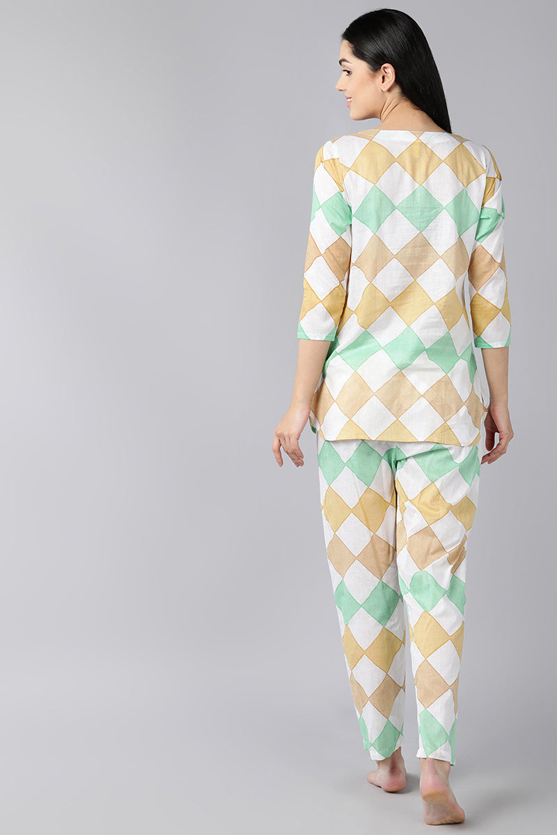 AHIKA Women White Green Printed Pure Cotton Night Suit