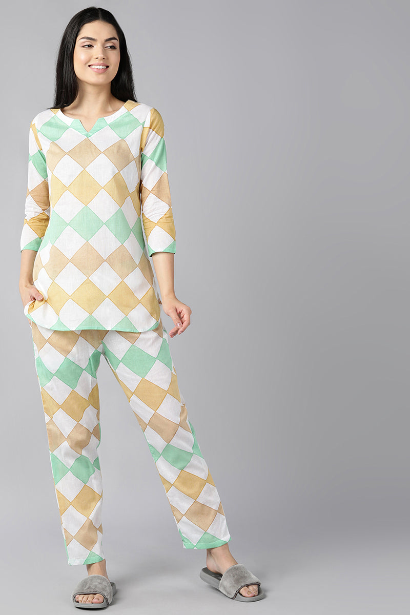 AHIKA Women White Green Printed Pure Cotton Night Suit