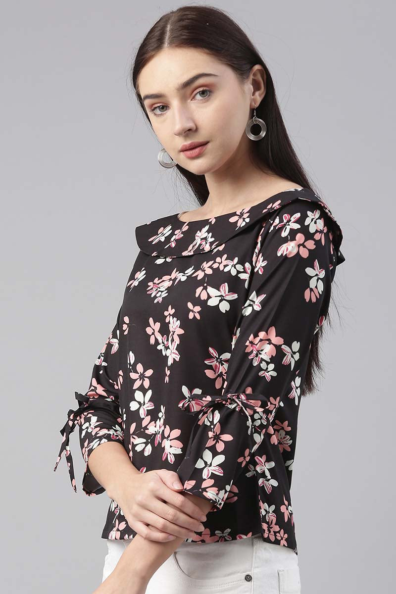 Ahika Women Polygeorgette Black Floral Printed Top