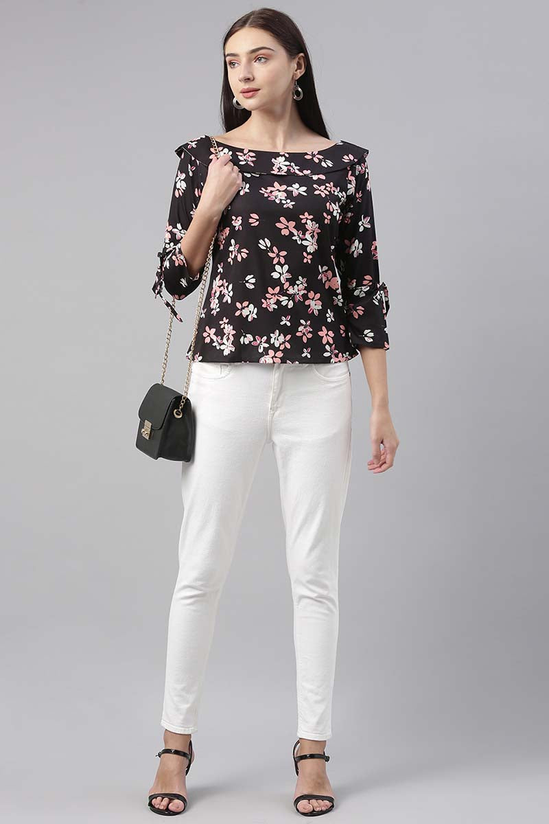 Ahika Women Polygeorgette Black Floral Printed Top