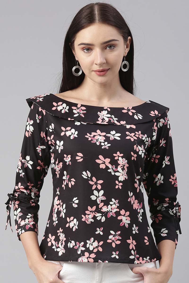 Ahika Women Polygeorgette Black Floral Printed Top