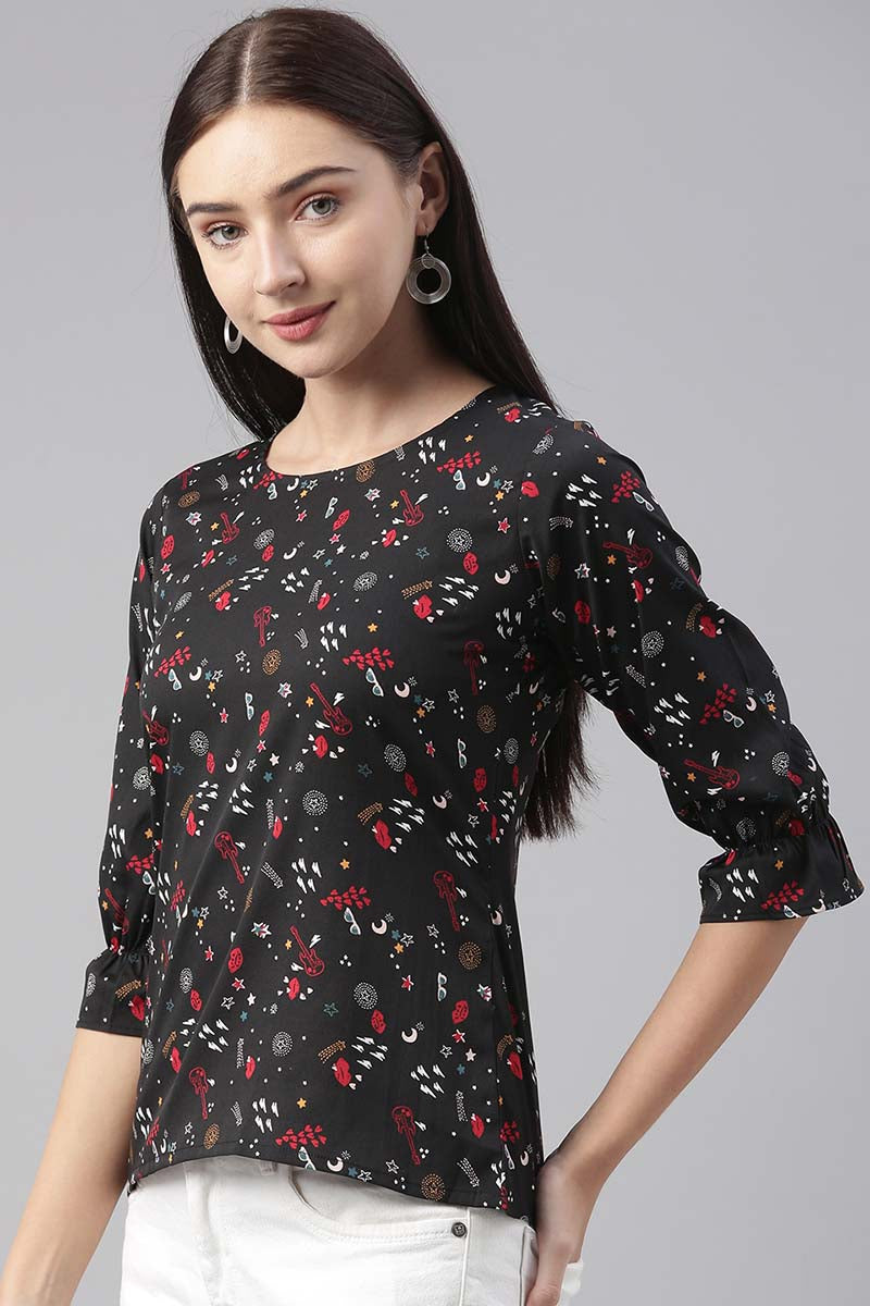 Ahika Women Polycrepe Black Conversational Printed Top