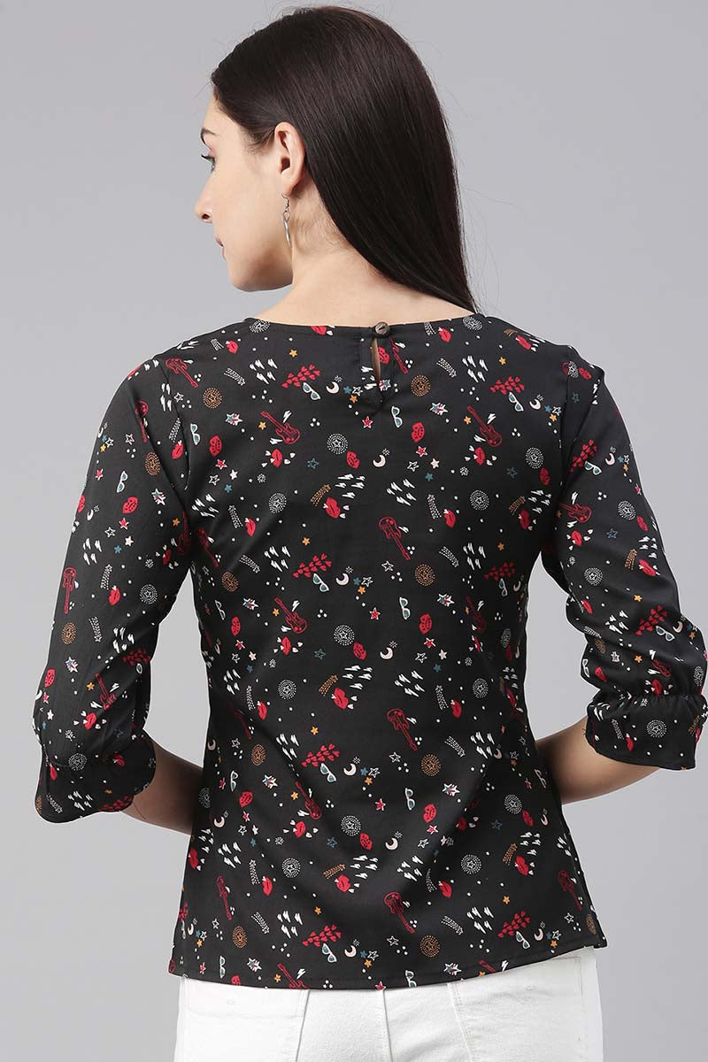 Ahika Women Polycrepe Black Conversational Printed Top