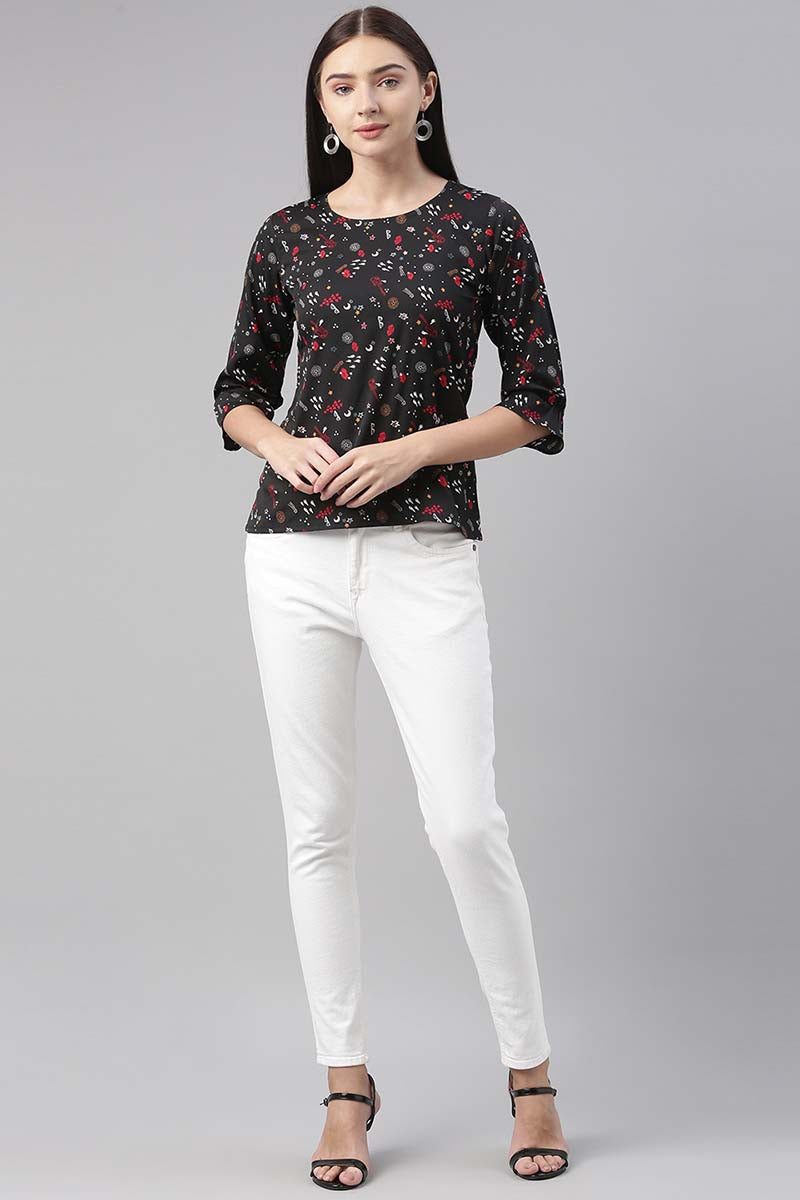 Ahika Women Polycrepe Black Conversational Printed Top