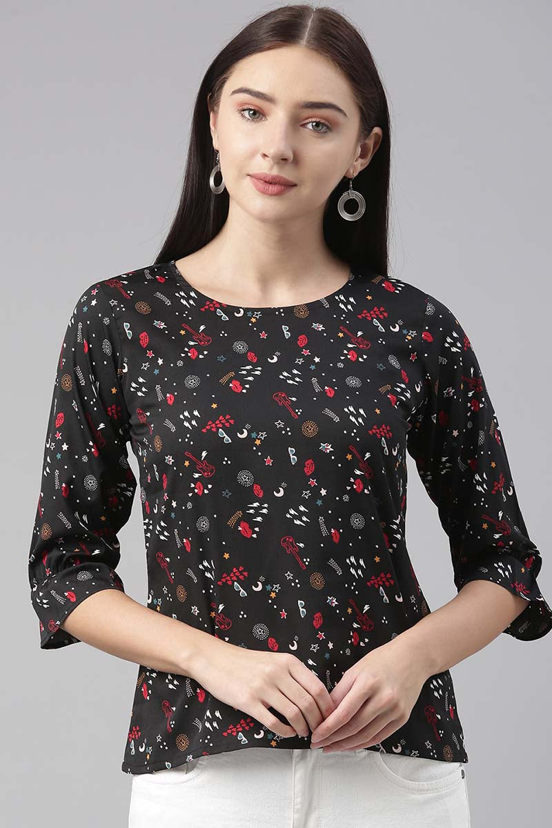 Ahika Women Polycrepe Black Conversational Printed Top