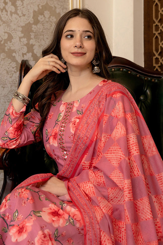 Pink Rayon Blend Floral Printed Straight Trouser Bottom Suit Set PKSKD2566PNK