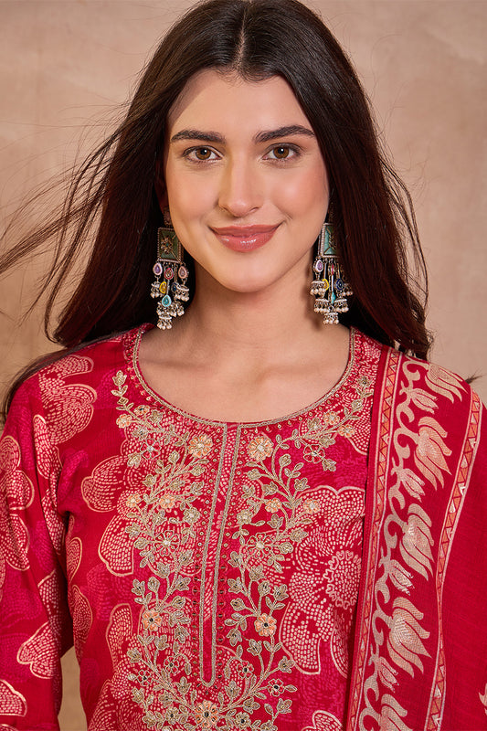 Pink Poly Silk Floral Printed Straight Kurta Trouser With Dupatta VKSKD3208