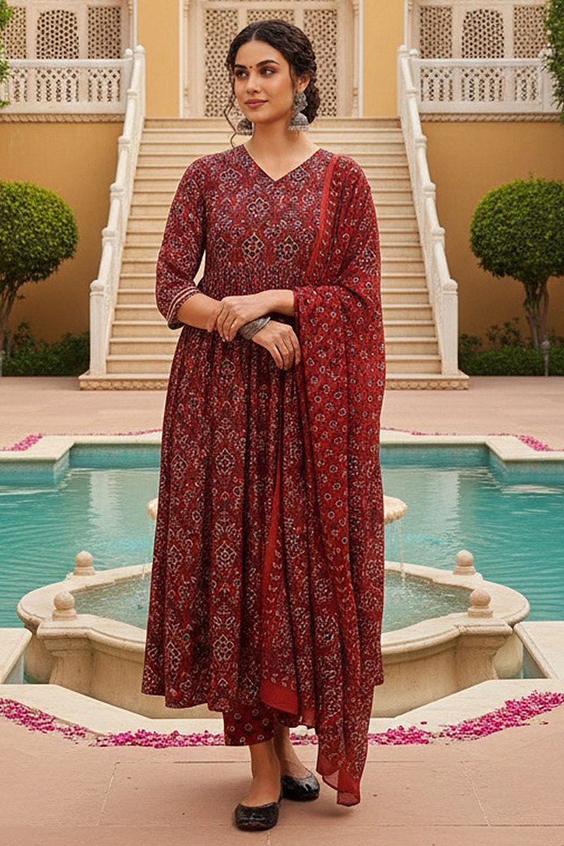 Red Rayon Blend Floral Printed A-Line Trouser Bottom Suit Set VKSKD2273